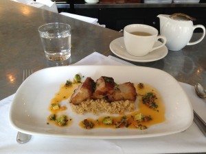 Braised Pork Belly with Prune Glaze, Bulgur and Tomato vinaigrette