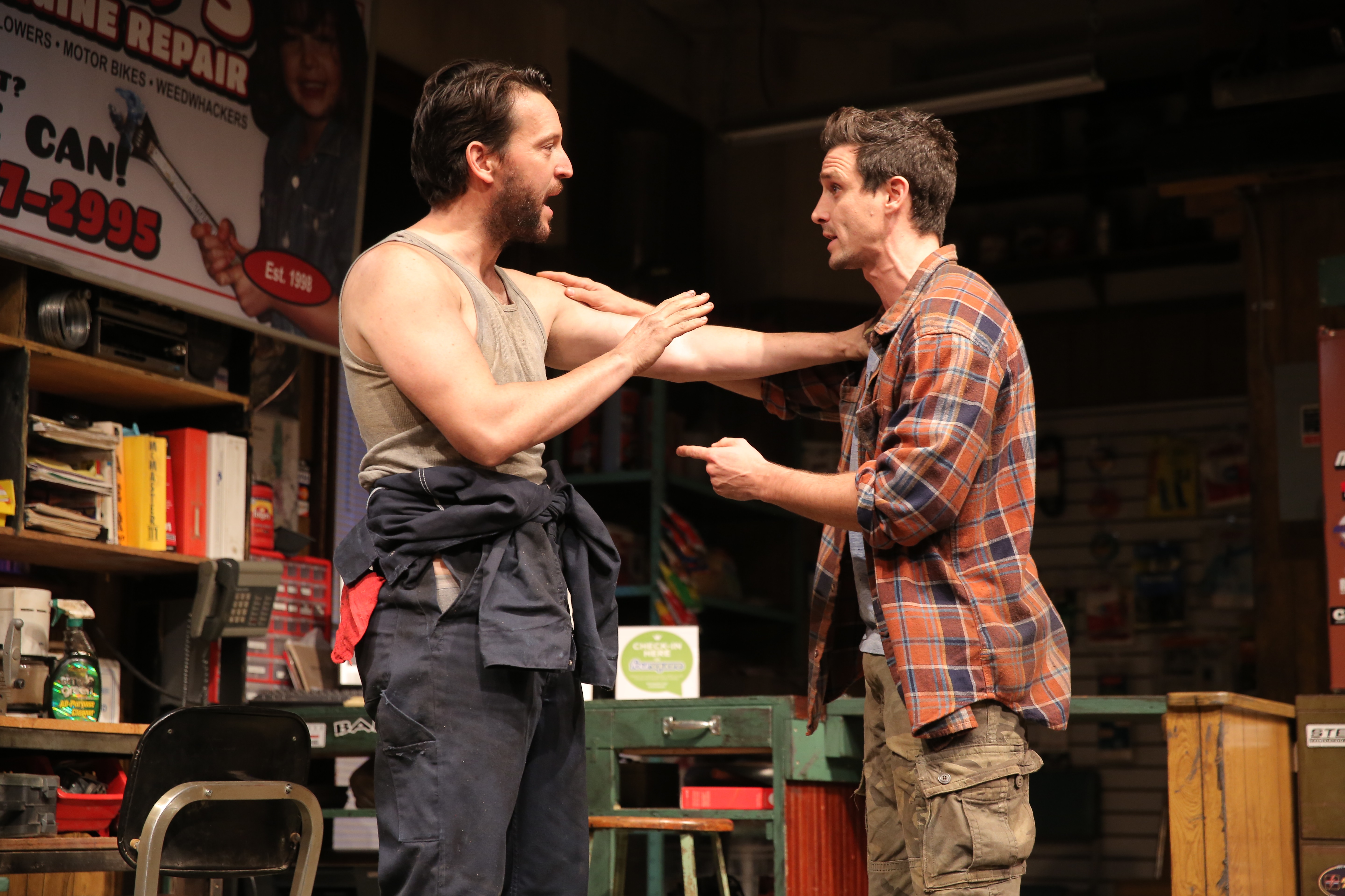 John Pollono (left) and James Ransone (right) in Small Engine Repair. Photo by Joan Marcus